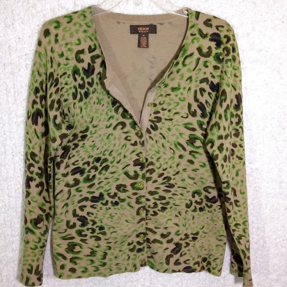 NwoT M Silk Victor Alfaro Cheetah Cardigan Sweater Blouse Top